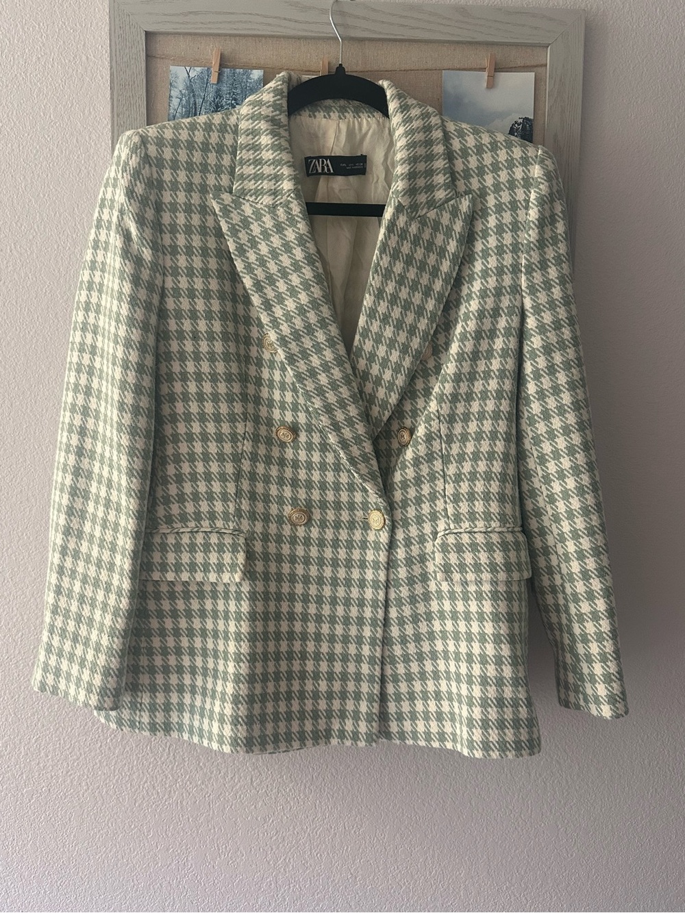 Zara Double-Breasted Houndstooth Blazer in Sage and Cream - Size L
